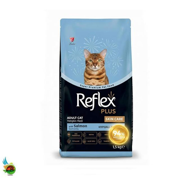 غذای خشک گربه بالغ اسکین کر رفلکس پلاس با طعم سالمون Reflex plus skin care with salmon وزن ۱.۵ کیلوگرم