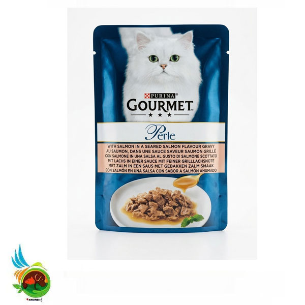 پوچ گربه گورمت پرل طعم سالمون در سس سالمون دریای سرخ Purina gourmet perle with salmon in a seared salmon flavour gravy وزن ۸۵ گرم
