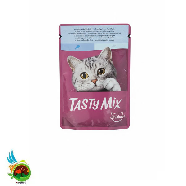 پوچ گربه بالغ ویسکاس تیستی میکس طعم تن و ماهی سفید Whiskas tasty mix with tuna and whitefish وزن ۸۵ گرم