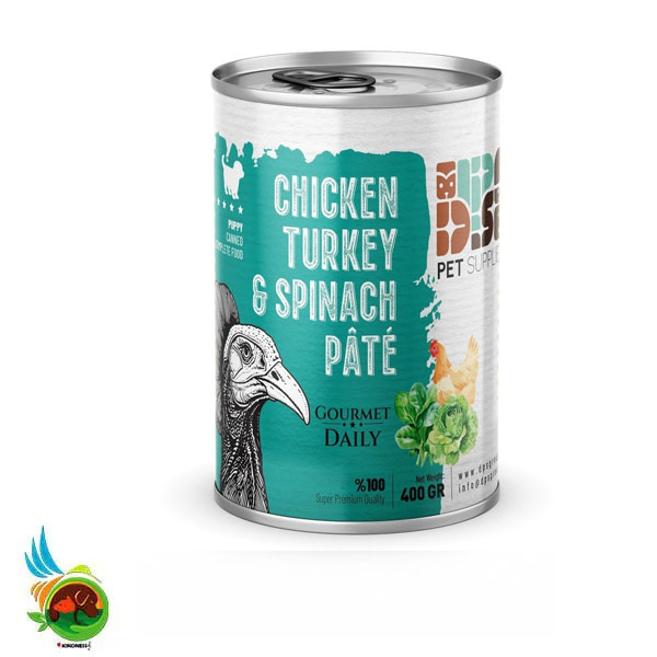 کنسرو پته توله سگ دی پی اس با طعم مرغ، بوقلمون و اسفناج DPS puppy canned food chicken and turkey &amp; spinachوزن 430 گرم — تصویر ۲