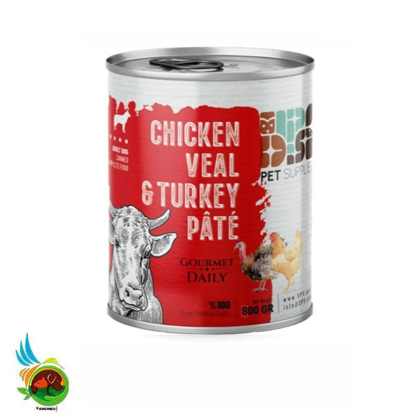 کنسرو پته سگ بالغ دی پی اس با طعم مرغ، گوساله و بوقلمون DPS adult dog canned food chicken and veal & turkey وزن 430 گرم