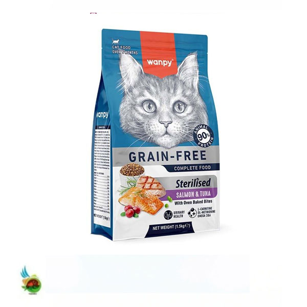غذای خشک گربه عقیم ونپی بدون غلات طعم سالمون و تن Wanpy adult cat sterilised grain free with salmon &amp; tun وزن ۱.۵ کیلوگرم