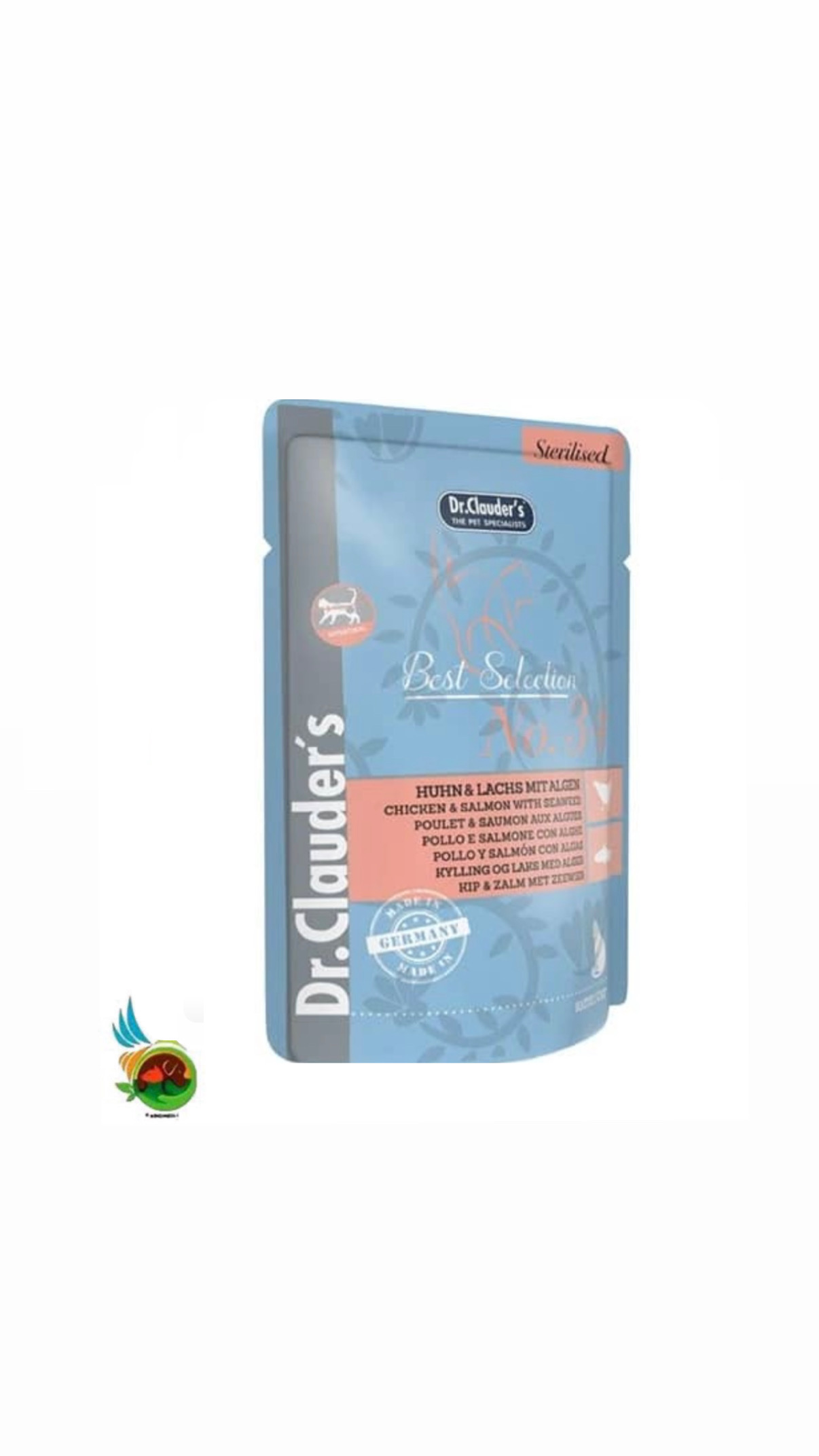 پوچ گربه عقیم دکتر کلادرز مدل سلکشن طعم مرغ و سالمون به همراه جلبک Dr.clauders sterilised best selection chicken &amp; salmon with seaweed وزن ۸۵ گرم
