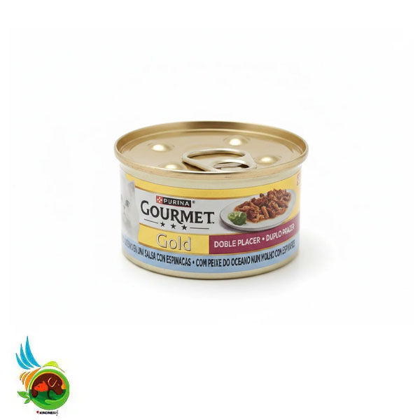 کنسرو خورشتی گربه گورمت طعم ماهی اقیانوسی در سس اسفناج Gourmet gold with ocean fish in spinach sauce وزن ۸۵ گرم