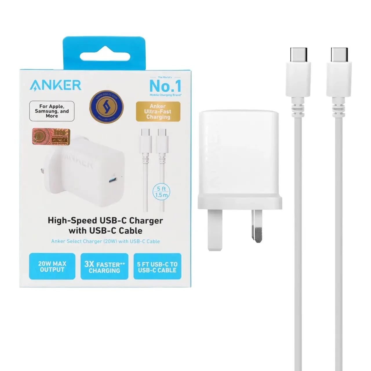 شارژر دیواری سه پین PD و فست تک پورت ANKER مدل B2347K21 20W به همراه کابل شارژ Type-C To Type-C – سفید (گارانتی 18 ماهه شرکتی)