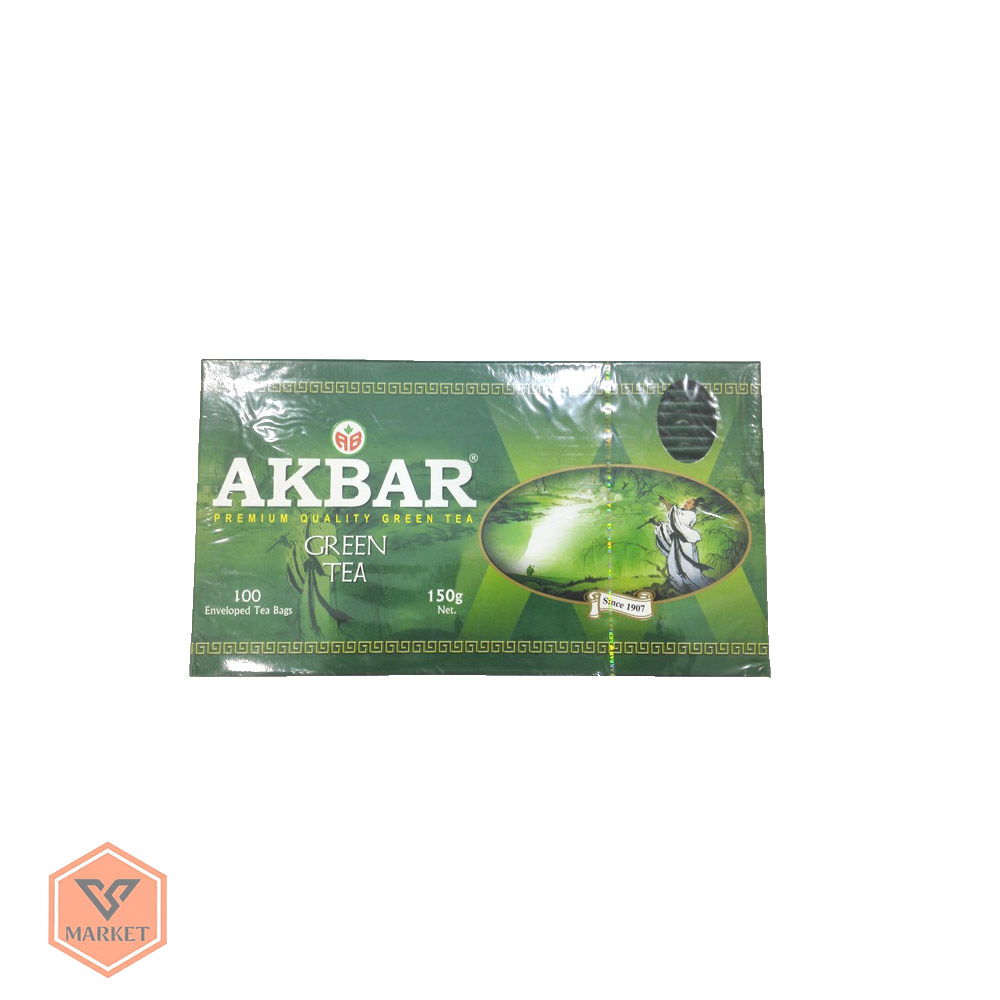 چای سبز کیسه‌ای اکبر (Akbar Premium Green Tea) – جعبه ۱۰۰ عددی انولپ‌دار ( 200 گرمی)