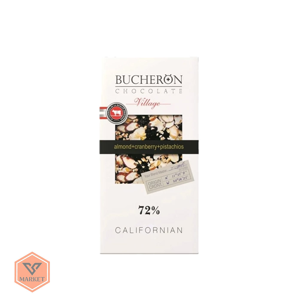 خرید شکلات تلخ ۷۲٪ بوچرون مدل کالیفرنیایی با بادام، کرنبری و پسته (Bucheron Californian) — تصویر ۳