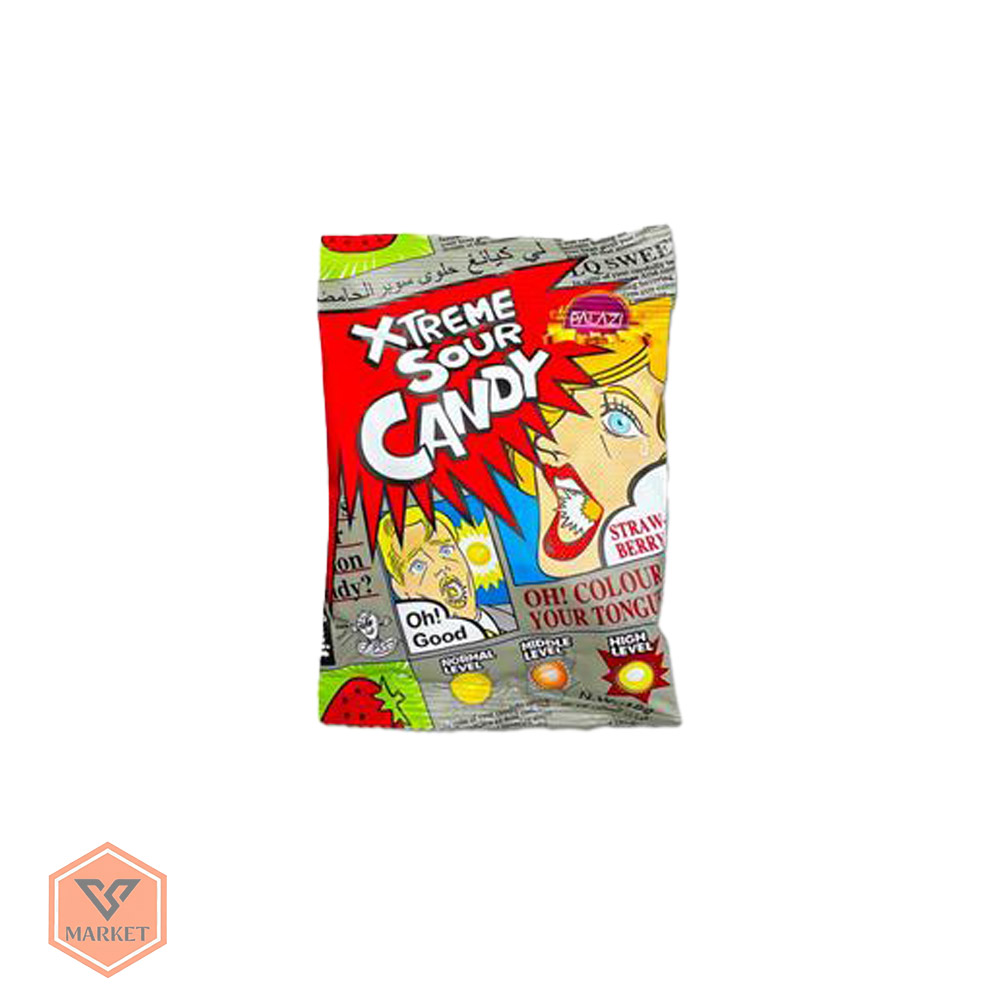 خرید آبنبات فوق ترش اکستریم رنگ‌دهنده زبان (Xtreme Sour Candy) طعم توت‌فرنگی – و ۵۲ گرم — تصویر ۳