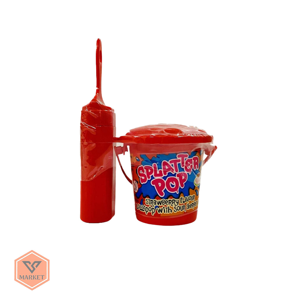 آبنبات چوبی طرح قلم‌مو و سطل رنگ اسپلاتر پاپ (Splatter Pop) با پودر ترش طعم توت‌فرنگی — تصویر ۳