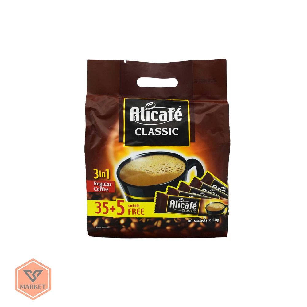 ☕ کافی میکس 3 در 1 علی کافه (Alicafe) مدل کلاسیک – بسته 40 عددی (800 گرم) ☕