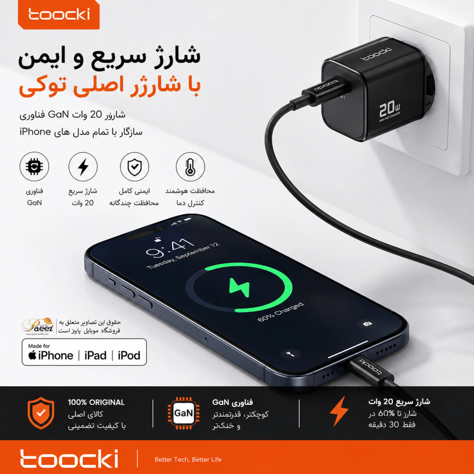 شارژر دیواری Toocki 20W PD | شارژر سریع iPhone 13 — تصویر ۵