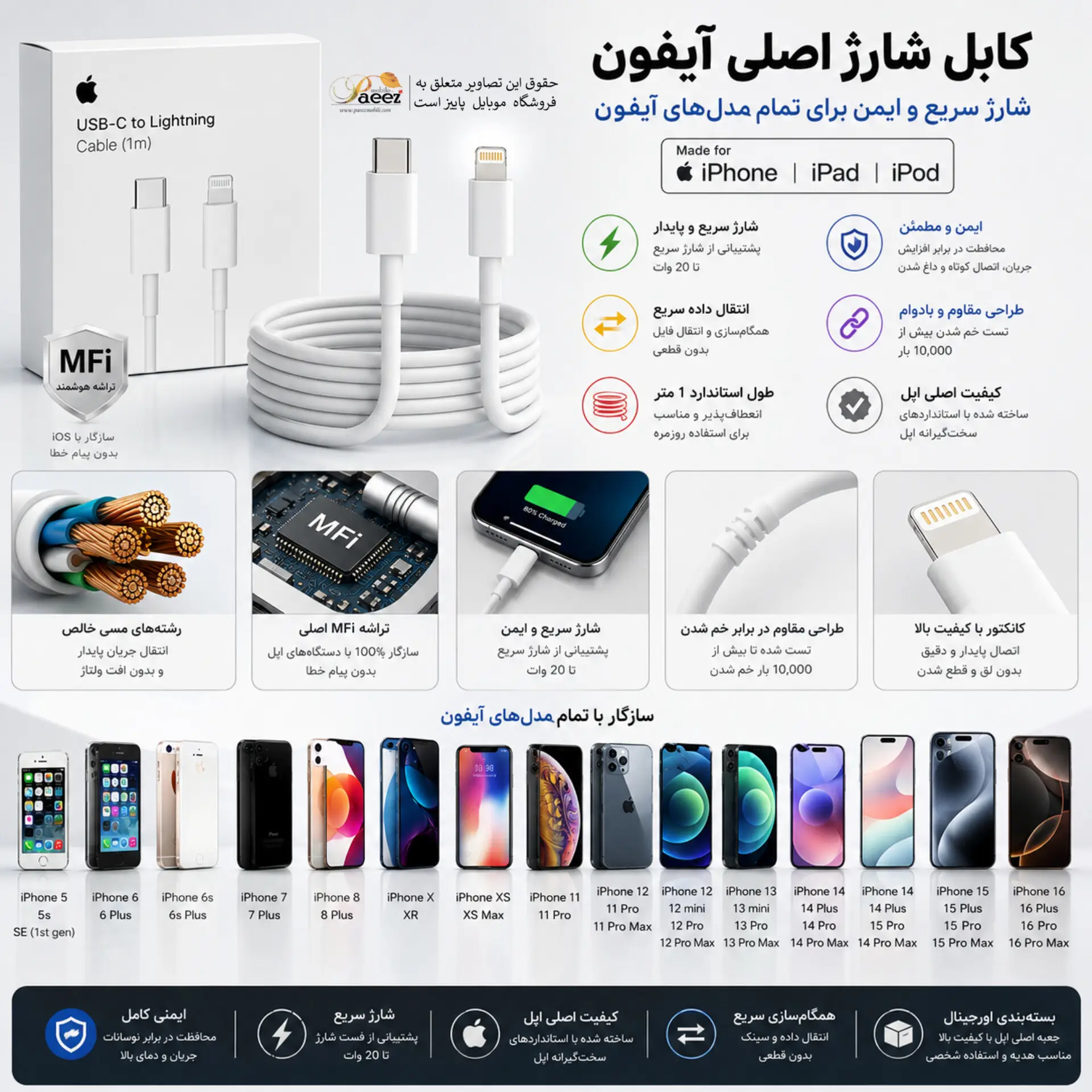 کابل شارژ اصلی آیفون 14 اپل | USB-C به Lightning فست شارژ — تصویر ۵