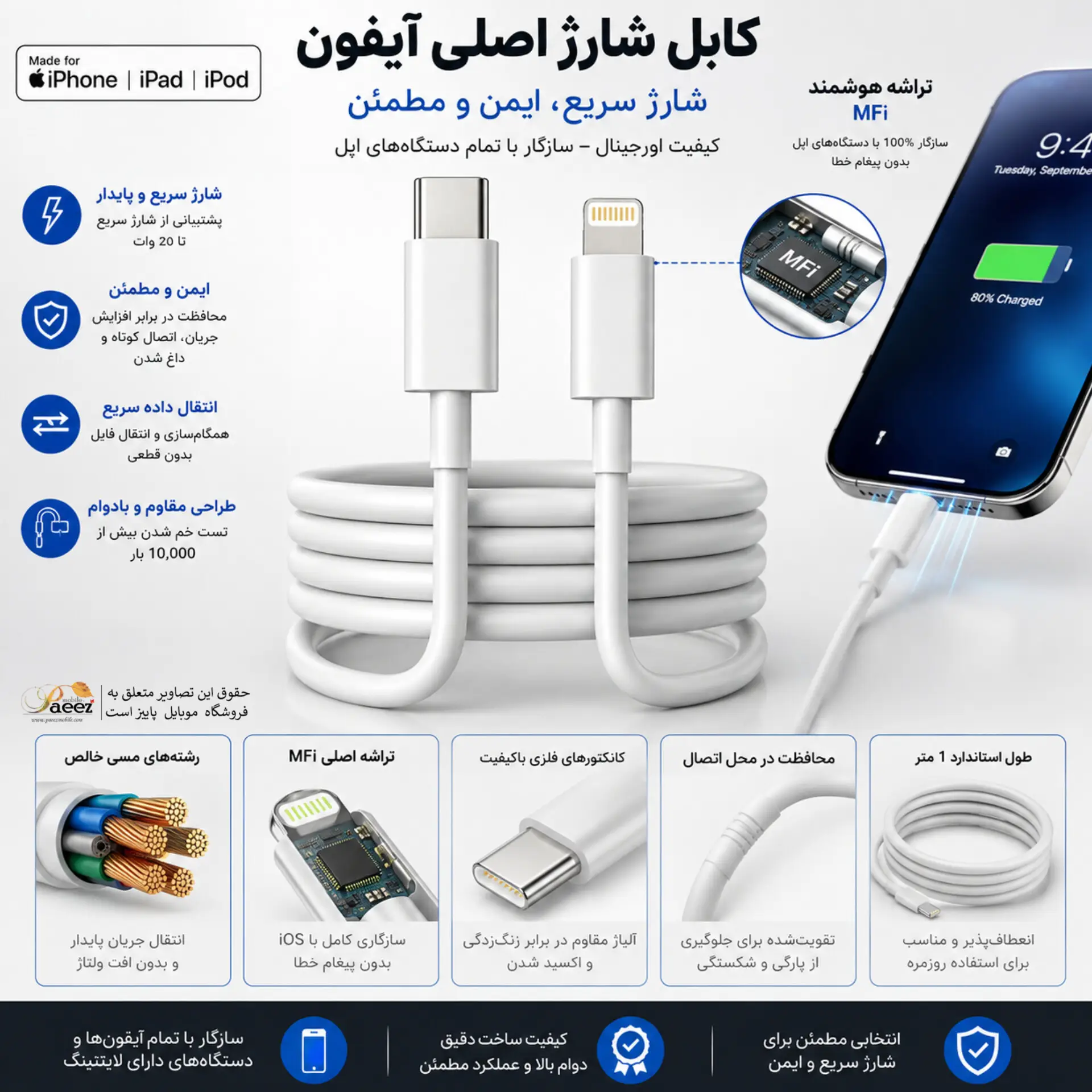 کابل شارژ اصلی آیفون 13 پرو مکس اپل | USB-C به Lightning فست شارژ — تصویر ۶