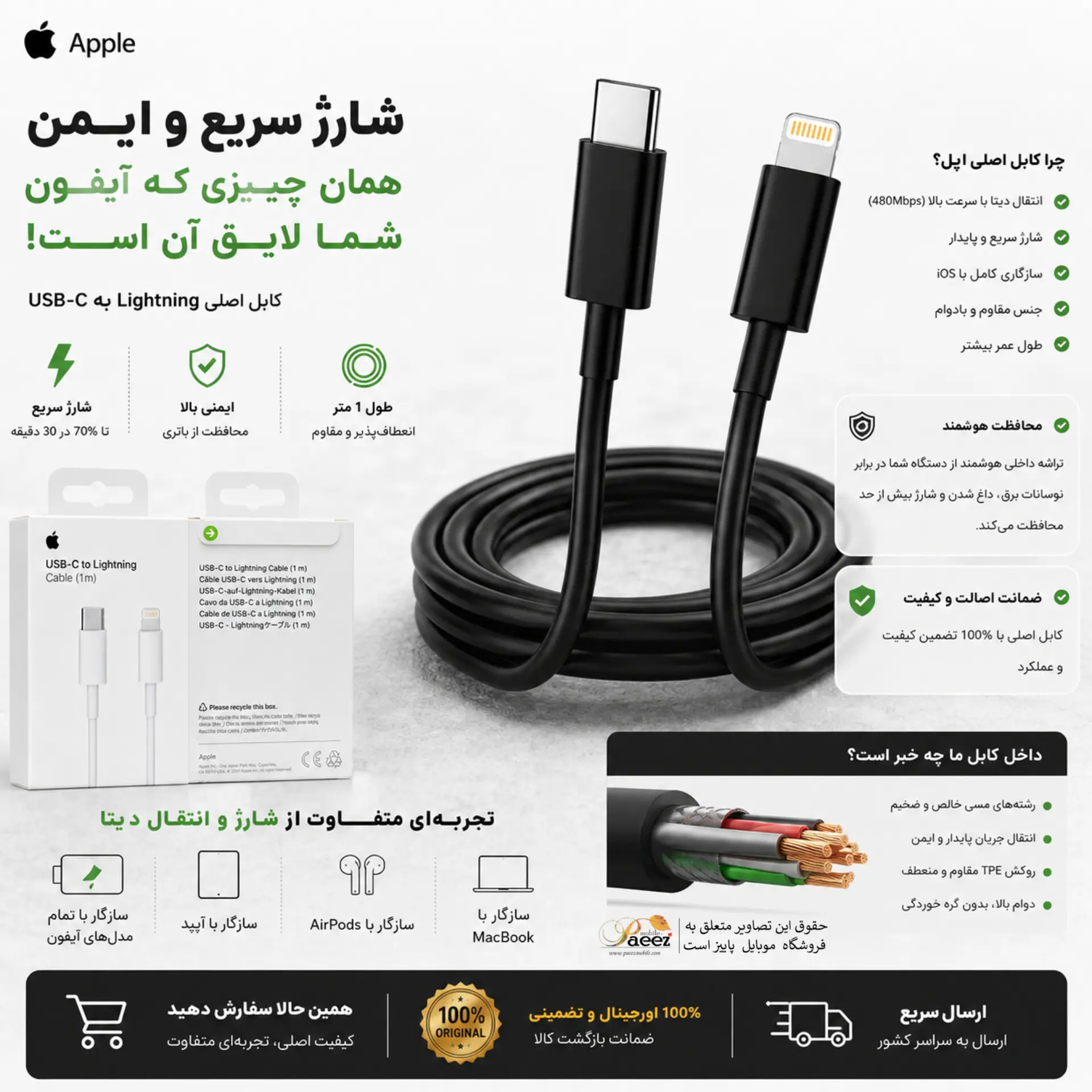کابل شارژ اصلی آیفون 13 پرو مکس اپل | USB-C به Lightning فست شارژ — تصویر ۷