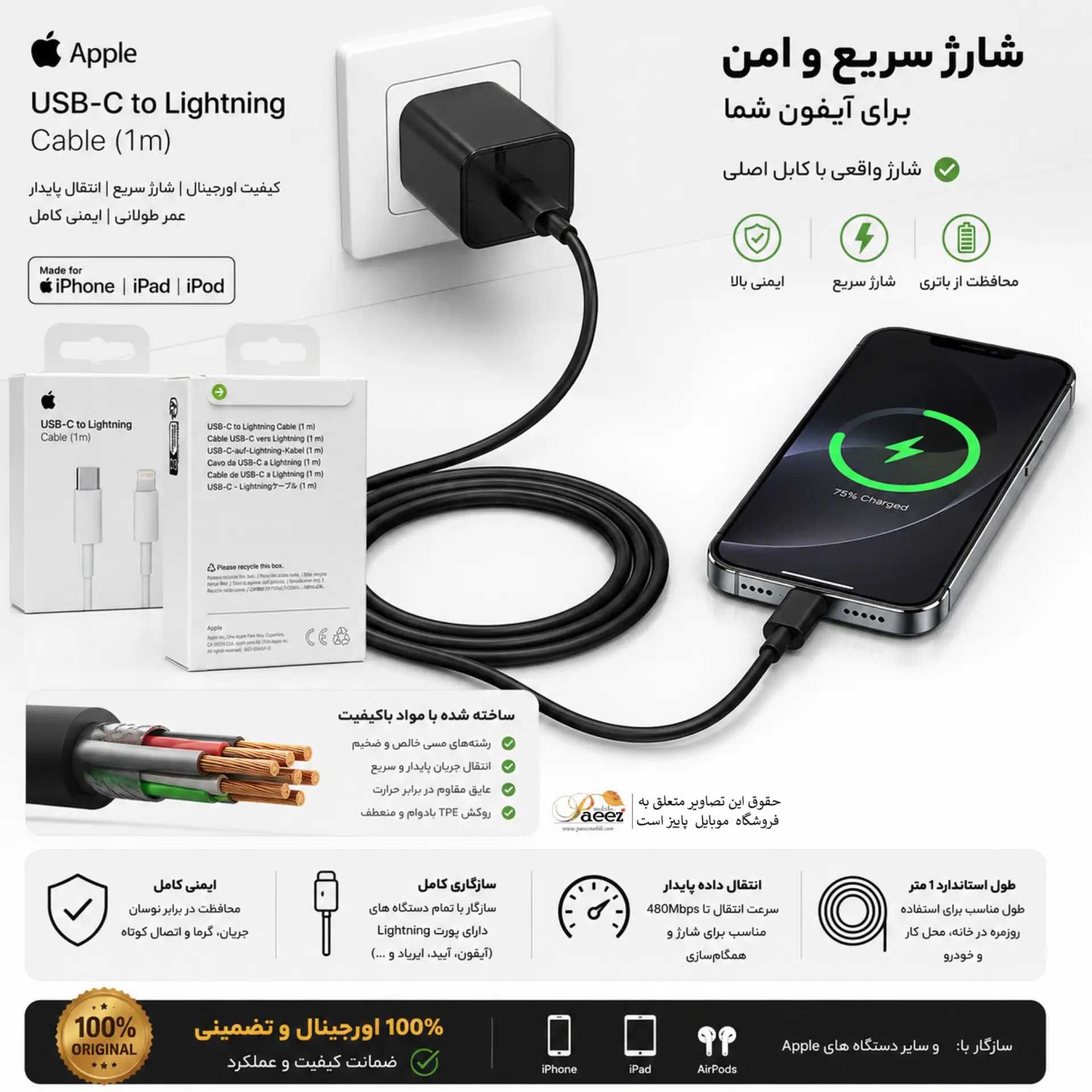 کابل شارژ اصلی آیفون 13 پرو اپل | USB-C به Lightning فست شارژ — تصویر ۸