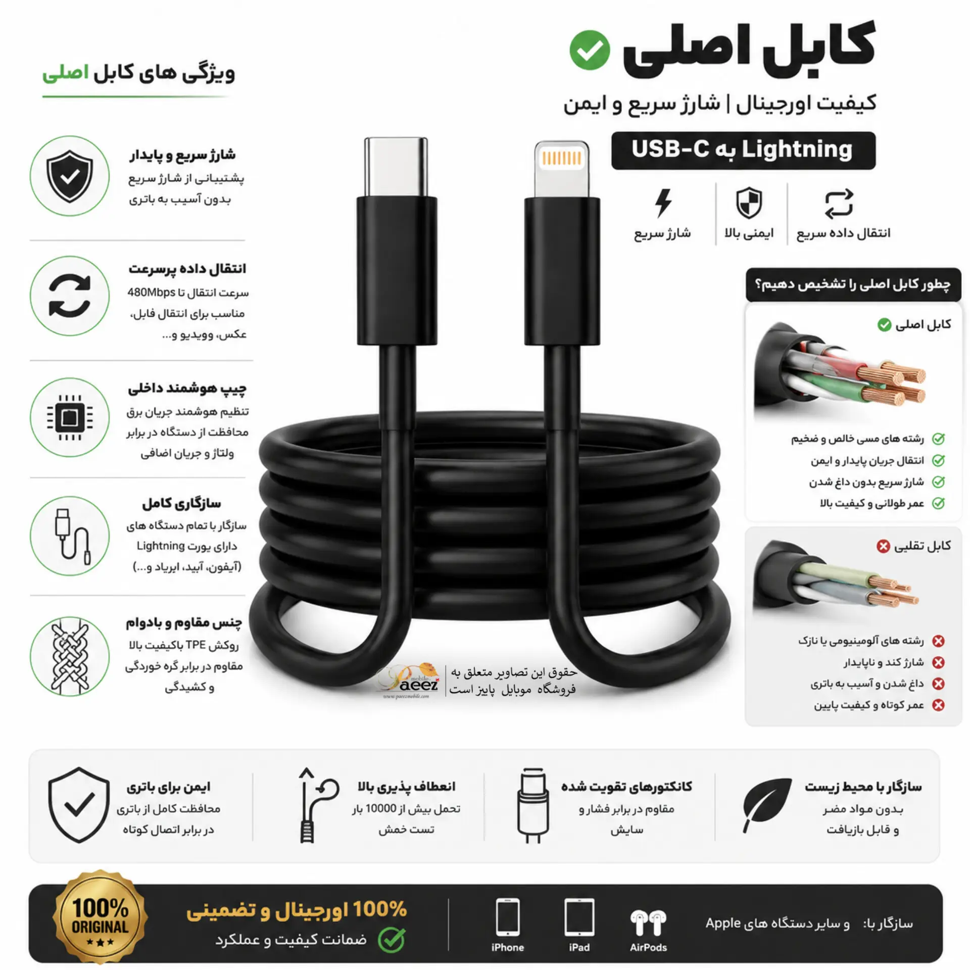 کابل شارژ اصلی آیفون 13 اپل | USB-C به لایتنینگ | اصل — تصویر ۵