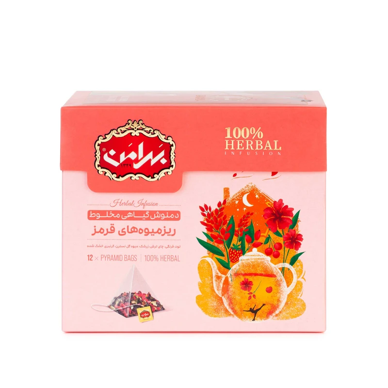 دمنوش ریز میوه های قرمز بهرامن بسته 12 عددی
