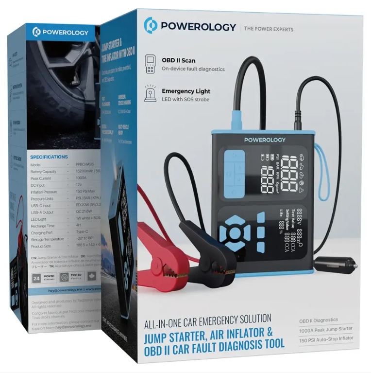 دیاگ و جامپ استارتر و کمپرسور چندکاره پاورولوژی مدل PPBCHA95BKBU Powerology Jump Starter OBD II Car Fault Diagnosis Tool — تصویر ۵