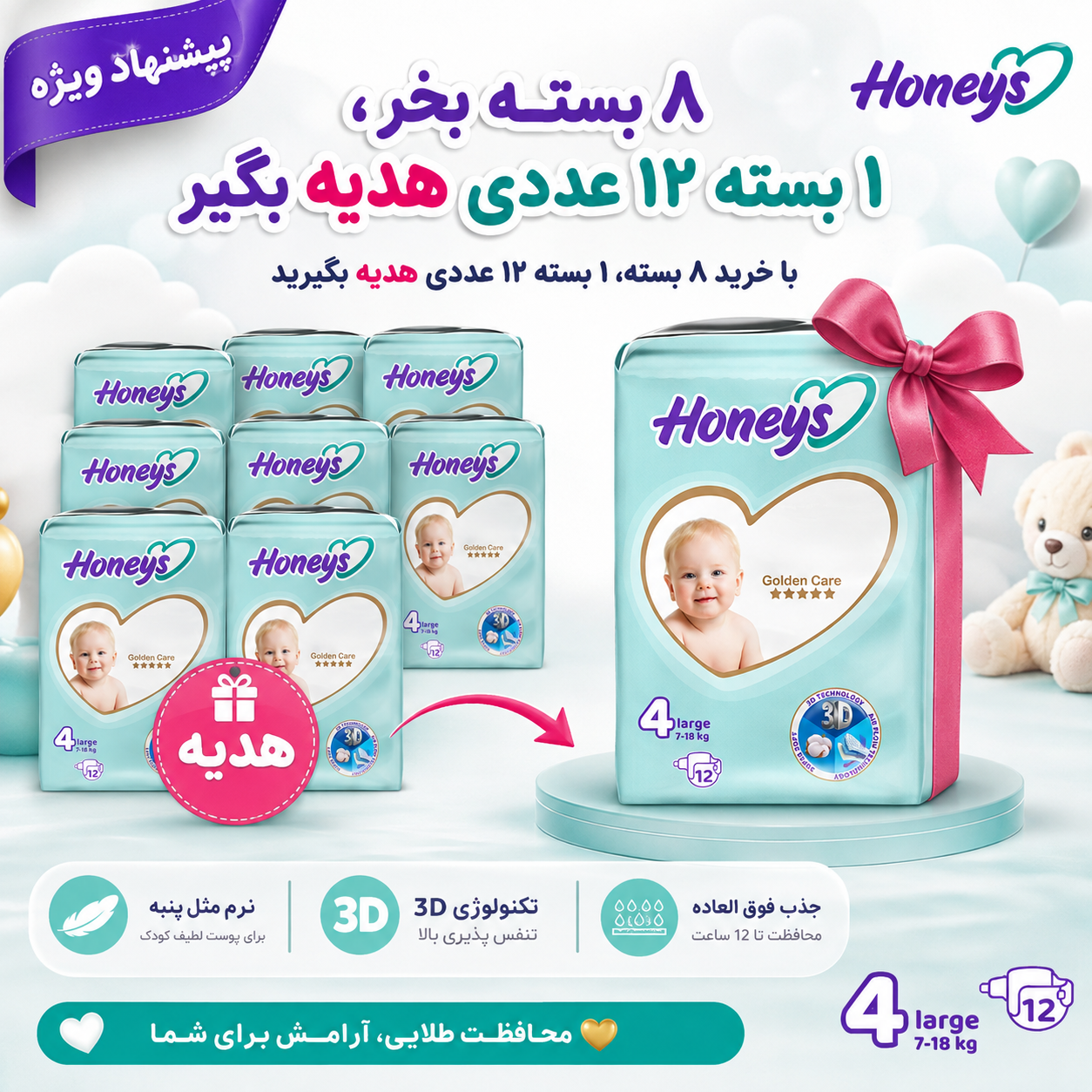 پوشک هانیز سایز ۴ بسته ۱۲ عددی — تصویر ۶