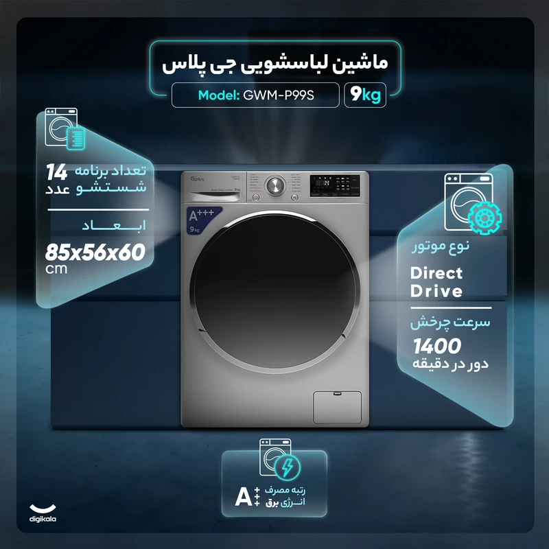 ماشین لباسشویی اتوماتیک جی پلاس مدل GWM-P99S ظرفیت 9 کیلوگرم — تصویر ۴