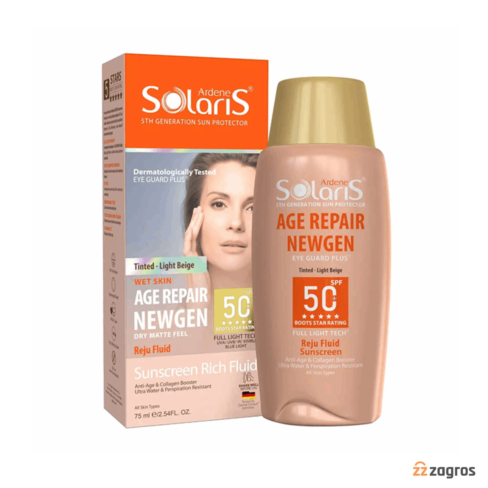 ضدآفتاب فلوئيدی بژروشن سولاريس Solaris مدل ايج ژن SPF50 ميل 75 — تصویر ۳