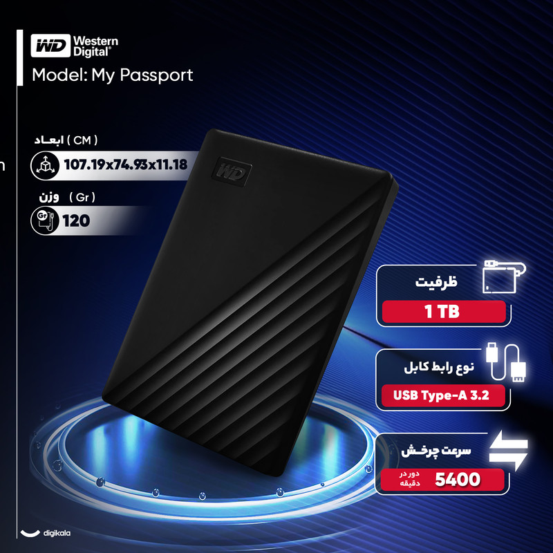 هارد اکسترنال وسترن دیجیتال مدل My Passport ظرفیت یک ترابایت دارای رابط USB Type-A 3.2 — تصویر ۸