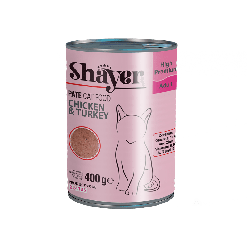 کنسرو غذای گربه با طعم مرغ و بوقلمون شایر Shayer Pate With Chicken & Turkey وزن 400 گرم