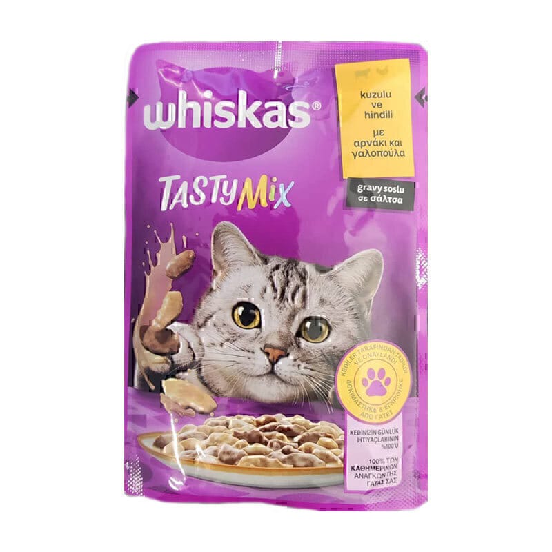 پوچ گربه ویسکاس با طعم میکس بره و بوقلمون در سس Whiskas Tasty Mix With Lamb & Turkey in Gravy وزن 85 گرم — تصویر ۲