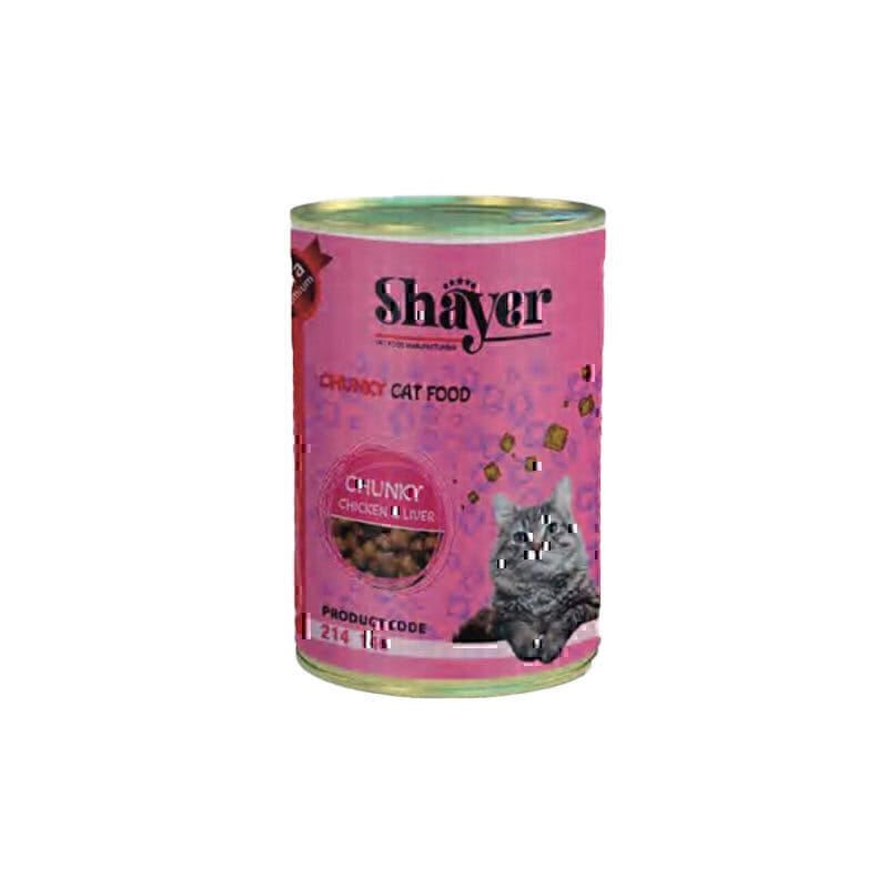 کنسرو غذای گربه با طعم مرغ و جگر شایر با تیکه های درشت Shayer Chunky Chicken & Liver وزن 400 گرم