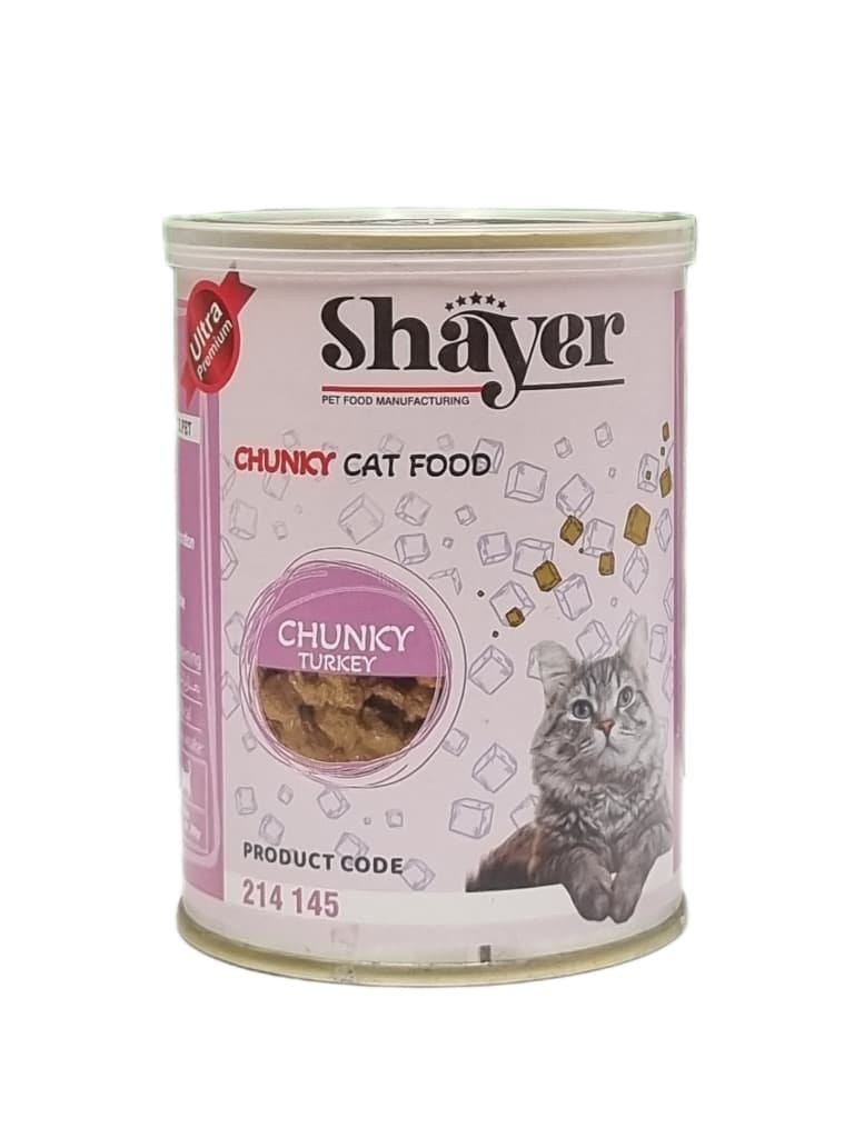 کنسرو غذای گربه با طعم بوقلمون با تیکه های درشت شایر Shayer Chunky Turkey وزن 400 گرم