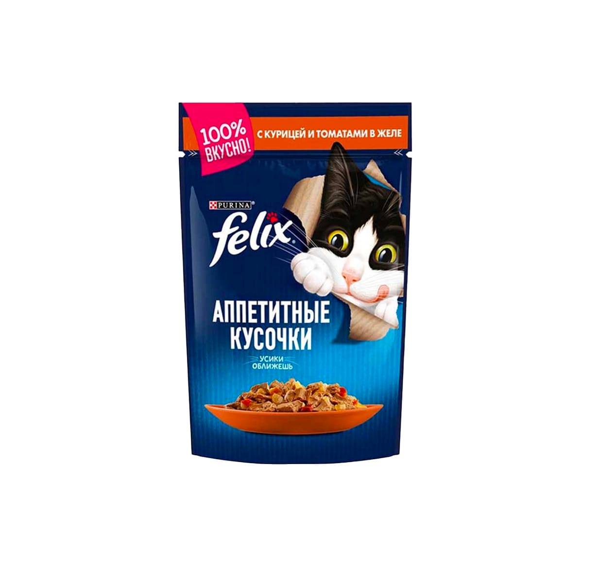 پوچ گربه فلیکس با طعم مرغ و گوجه فرنگی در ژله Felix Appetizing pieces Chicken & Tomatoes in Jelly وزن 75 گرم