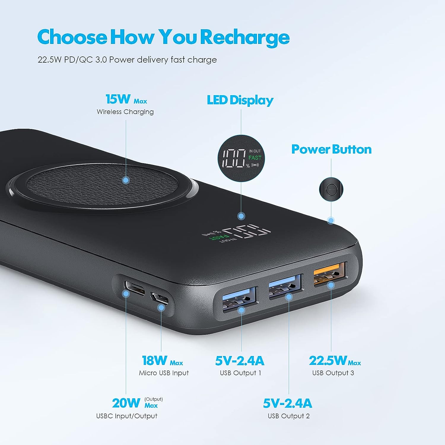 پاور بانک بی سیم مدل Charmast 20000mAh Wireless — تصویر ۳