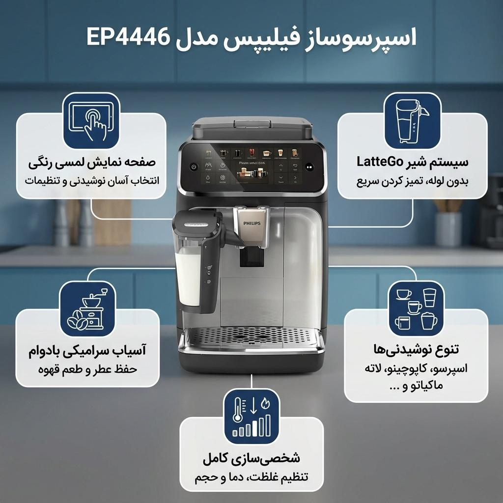 اسپرسوساز فیلیپس مدل EP4446، مناسب تهیه اسپرسو و کاپوچینو، دارای 2 عدد نازل قهوه، آسیاب قهوه، حالت آماده به کار، سیستم pre-infusion، سینی چکه گیر، مکانیزم نظافت خودکار — تصویر ۳