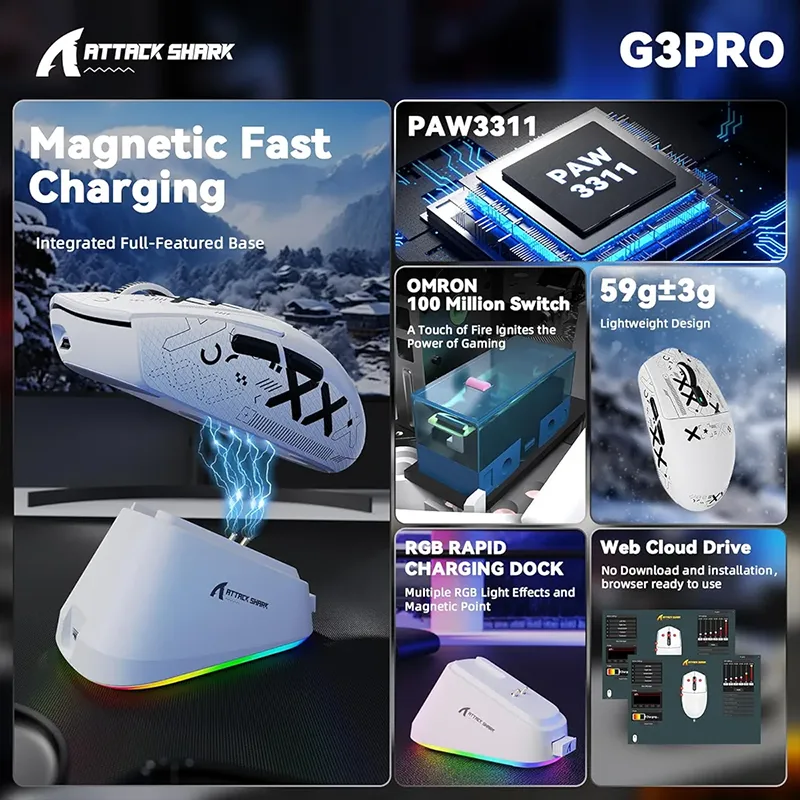 موس بی سیم گیمینگ Attack Shark G3 Pro سفید + گریپ anti slip اختصاصی — تصویر ۴