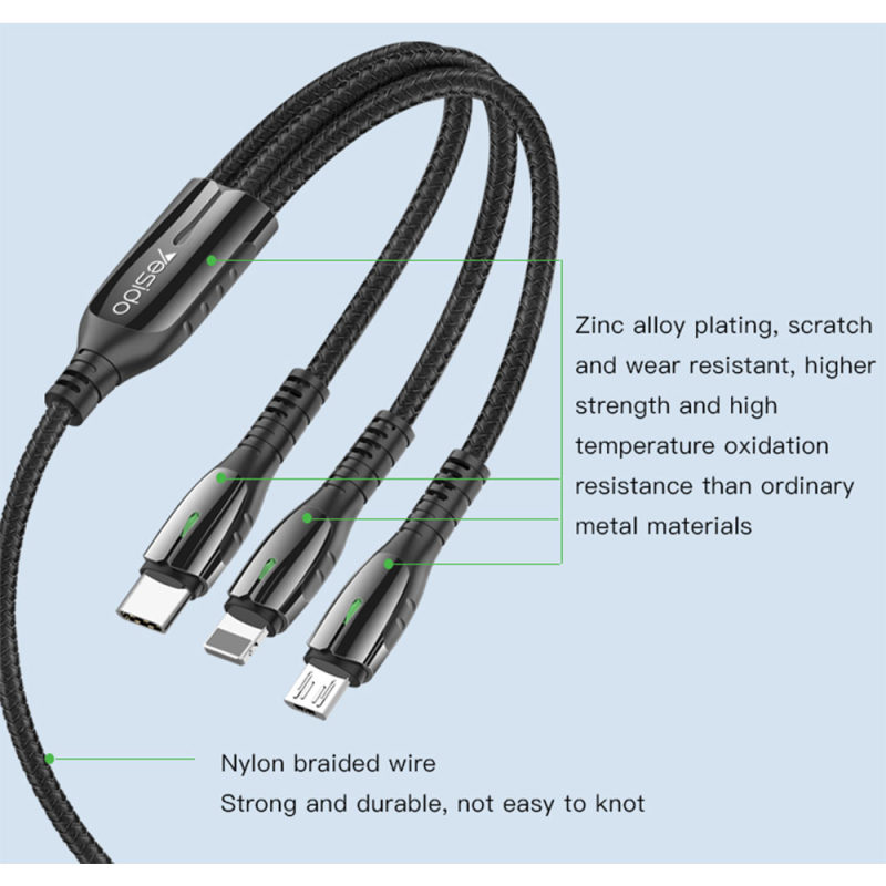 کابل تبدیل USB به لایتنینگ/USB-C/microUSB یسیدو مدل CA44 طول 1.3 متر — تصویر ۳