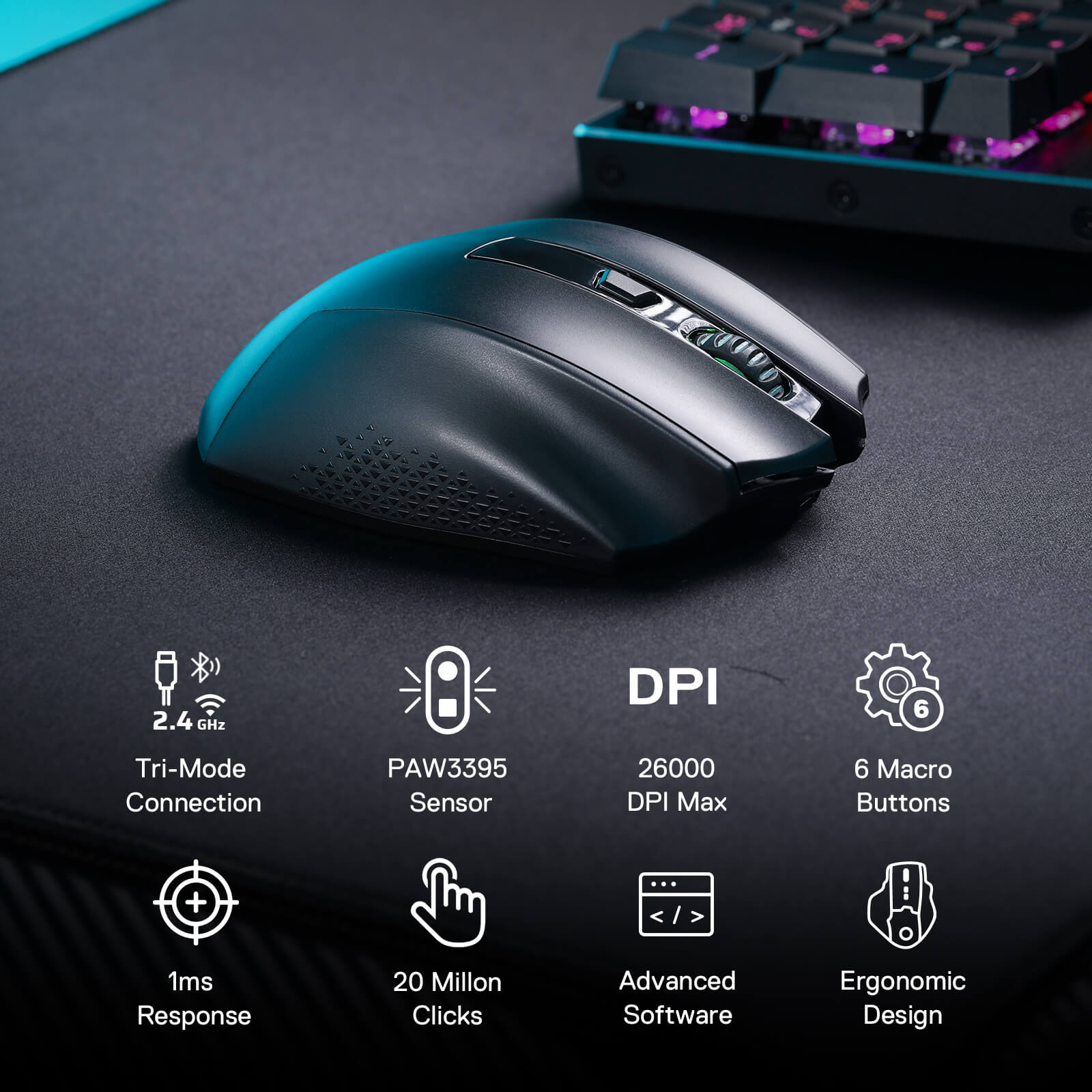 ماوس گیمینگ بی‌سیم Redragon WOKI M994 | سنسور PAW3395، اتصال سه‌حالته و DPI تا 26000 — تصویر ۳