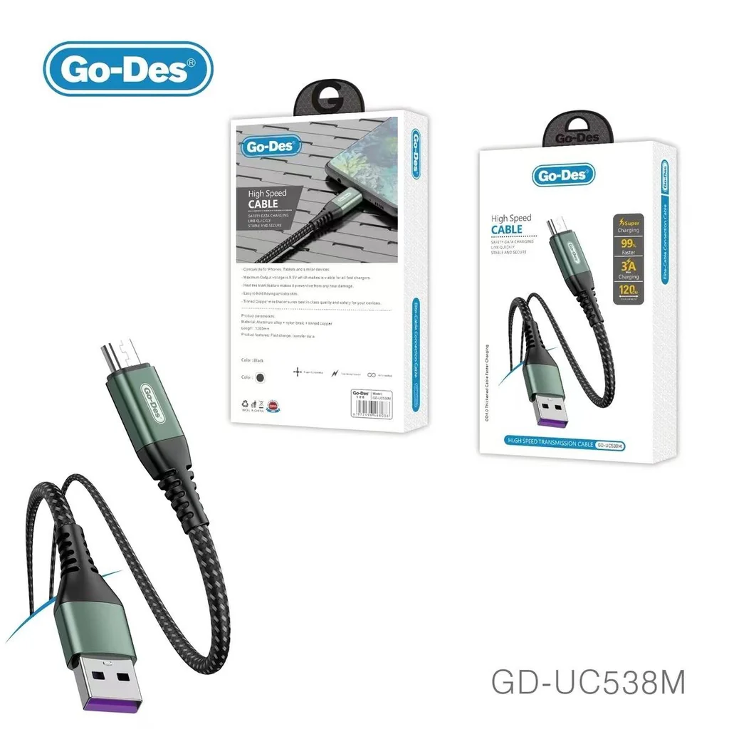 کابل شارژ و انتقال داده Micro USB Go-Des GD-UC538M | کابل نایلونی فست شارژ 5 آمپر 1.2 متری