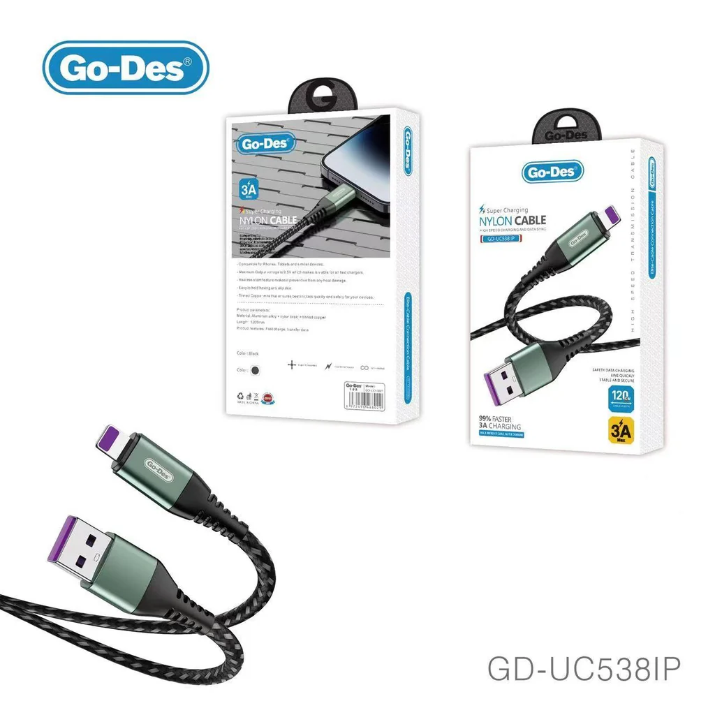 کابل شارژ و انتقال داده Lightning Go-Des GD-UC538IP | کابل نایلونی فست شارژ 3 آمپر آیفون 1.2 متری