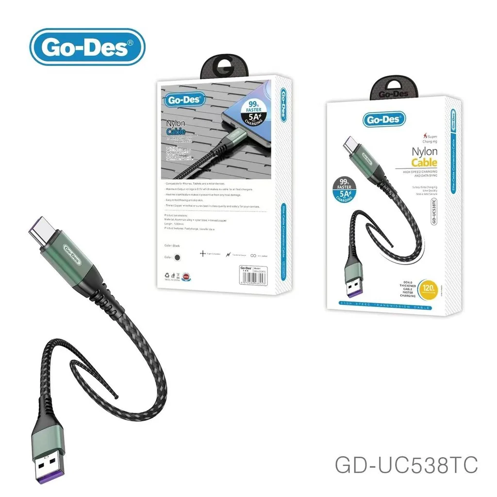 کابل شارژ و انتقال داده Type-C Go-Des GD-UC538TC | کابل نایلونی فست شارژ 5 آمپر 1.2 متری