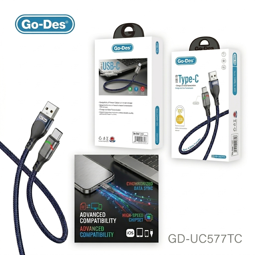 کابل شارژ و انتقال داده Type-C Go-Des GD-UC577TC | کابل فست شارژ 3 آمپر USB به Type-C