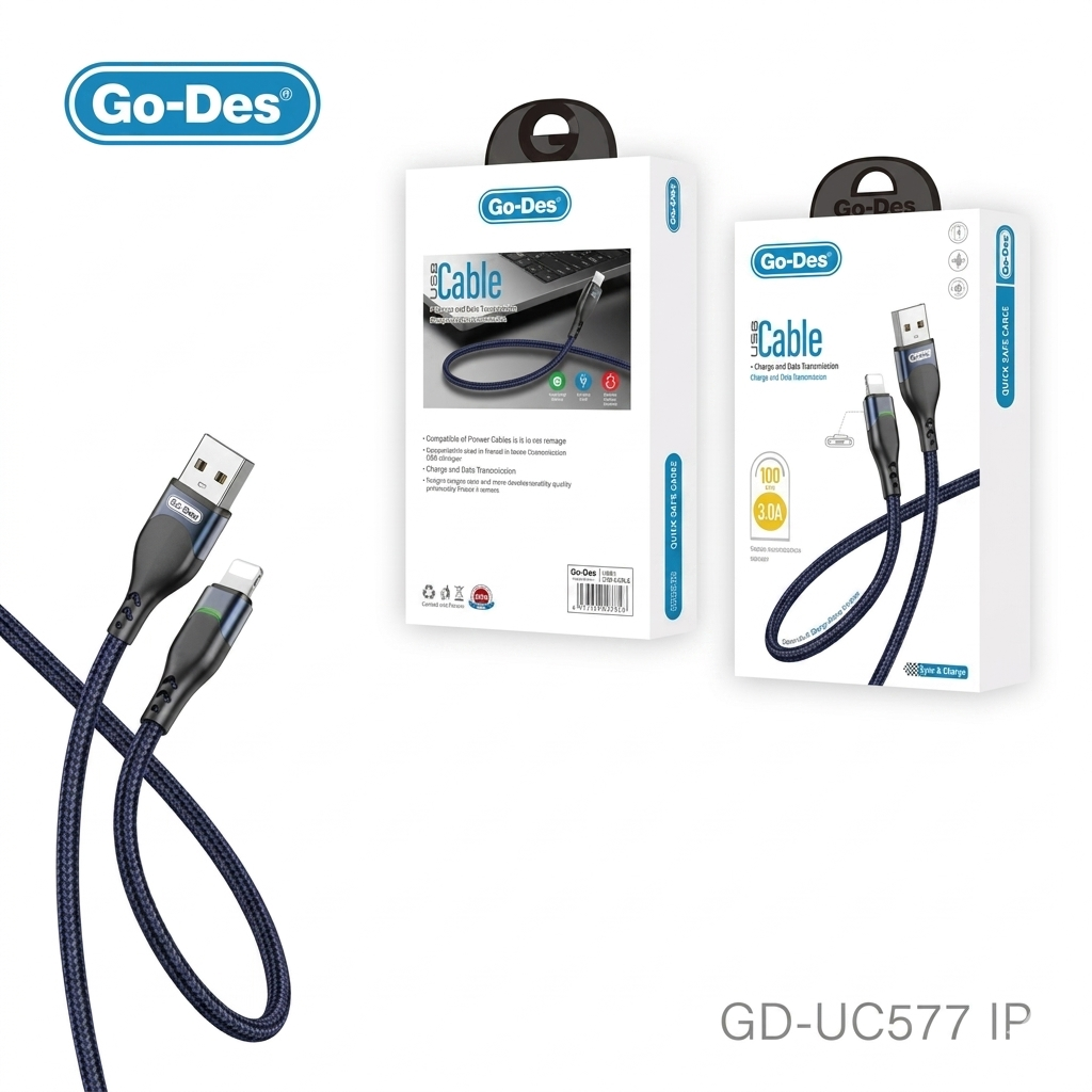 کابل شارژ و انتقال داده Lightning Go-Des GD-UC577IP | کابل 3 آمپر با روکش بافته شده
