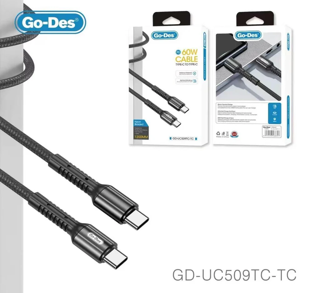 کابل شارژ سریع Type-C به Type-C Go-Des GD-UC509TC-TC | کابل PD 60W نایلونی 1.2 متری