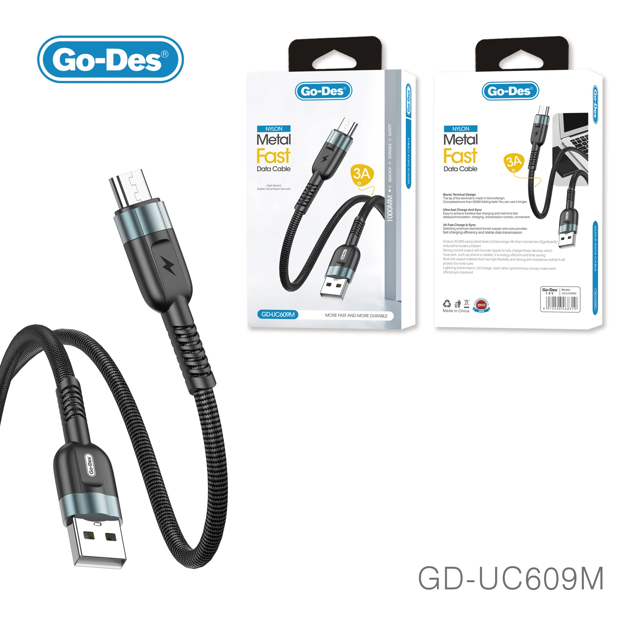 کابل شارژ و انتقال داده Micro USB به USB Go-Des GD-UC609M | کابل فست شارژ 3 آمپر با روکش نایلونی — تصویر ۲