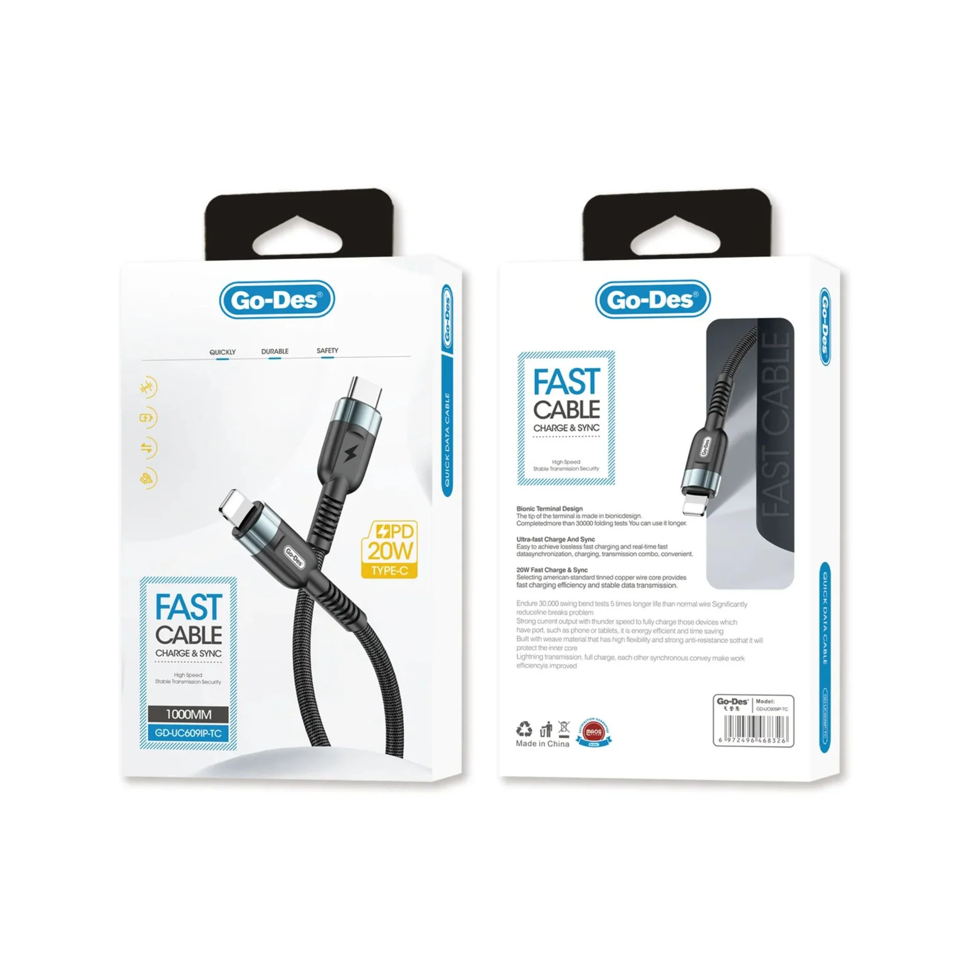 کابل شارژ سریع Type-C به Lightning Go-Des GD-UC609 TC-IP | کابل PD 20W یک متری با انتقال دیتا — تصویر ۳