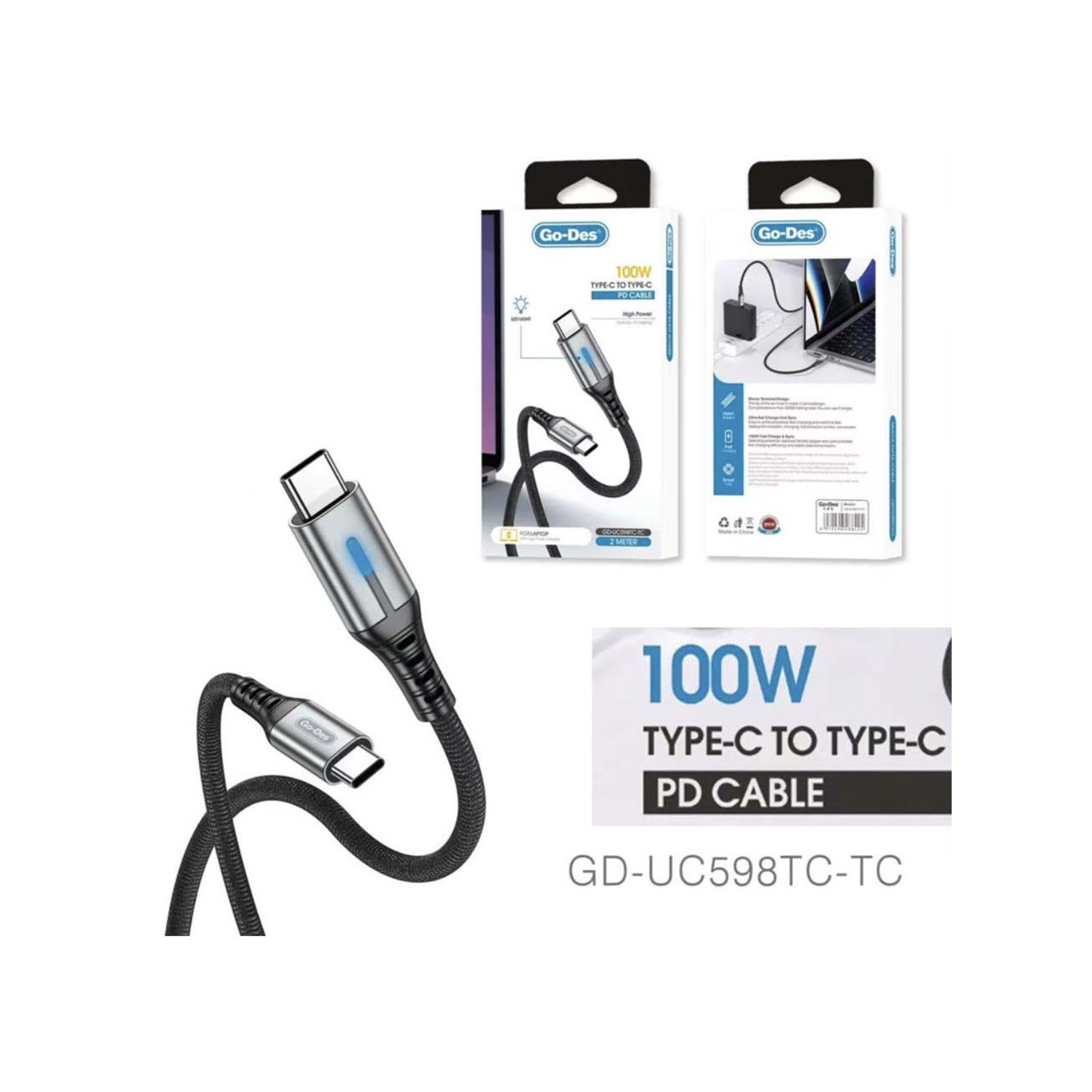 کابل شارژ سریع Type-C به Type-C Go-Des GD-UC598 TC-TC | کابل PD 100W دو متری با نمایشگر LED