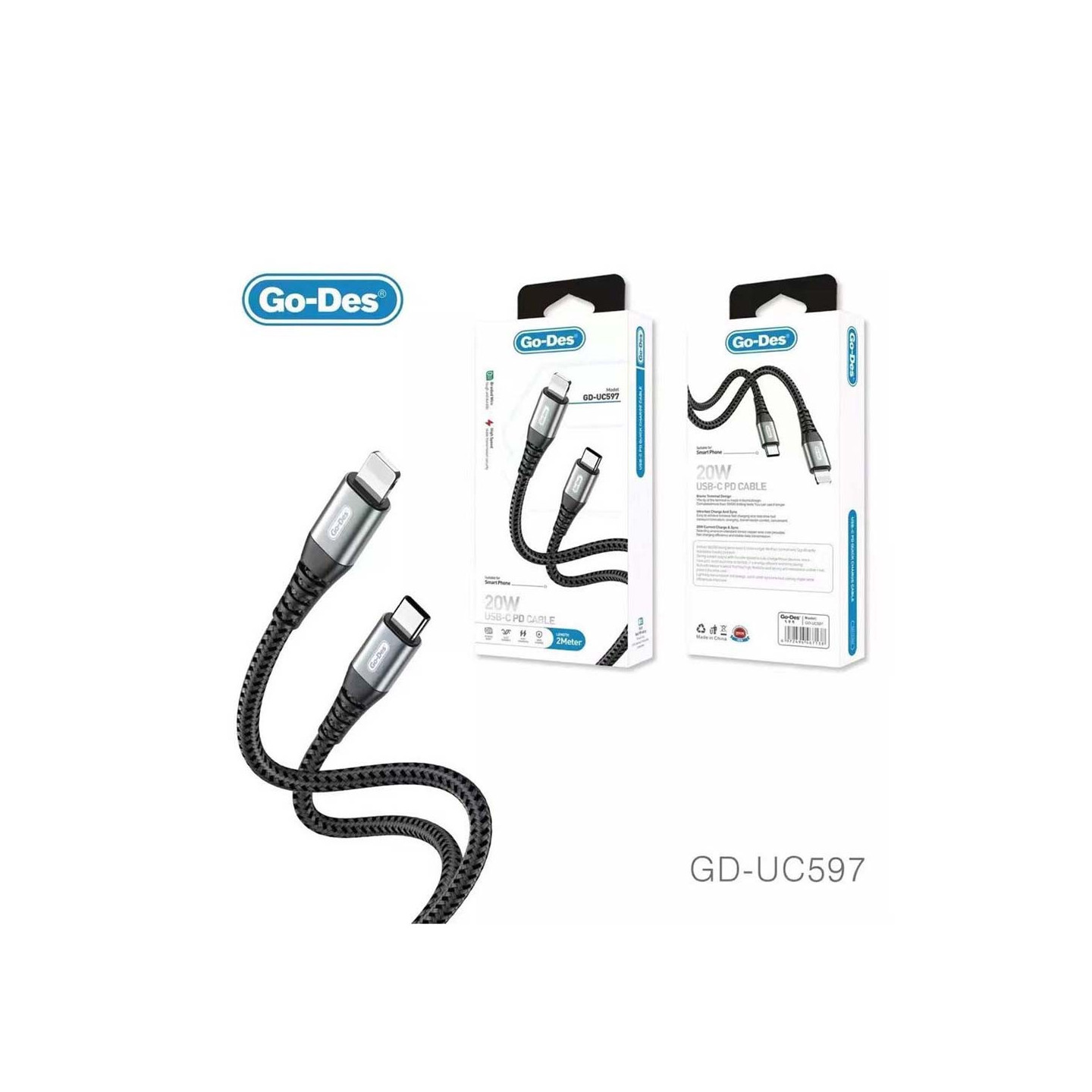 کابل شارژ سریع Type-C به Lightning Go-Des GD-UC597 | کابل PD 20W دو متری با روکش بافته شده