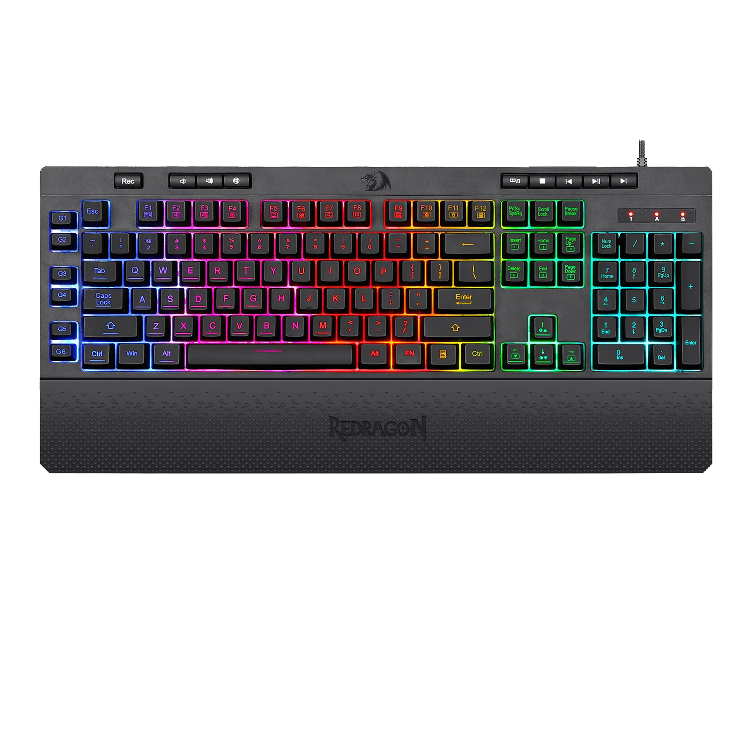 کیبورد مشکی گیمینگ Redragon K512 Shiva RGB – ممبران، با نورپردازی RGB، کلید مولتی مدیا، 6 کلید ماکرو و استراحتگاه مچ دست جداشونده