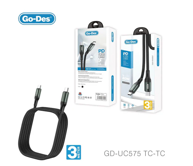 کابل شارژ سریع Type-C به Type-C Go-Des GD-UC575 TC-TC | کابل PD 60W سه متری با روکش بافته شده
