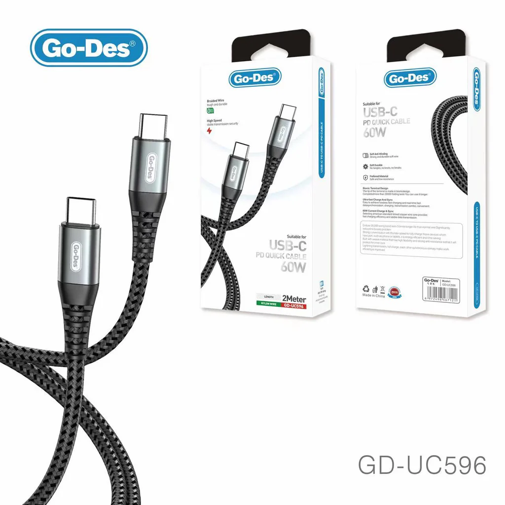 کابل شارژ سریع Type-C به Type-C Go-Des GD-UC596 | کابل PD 60W با طول 2 متر برای لپ‌تاپ، تبلت و موبایل — تصویر ۳