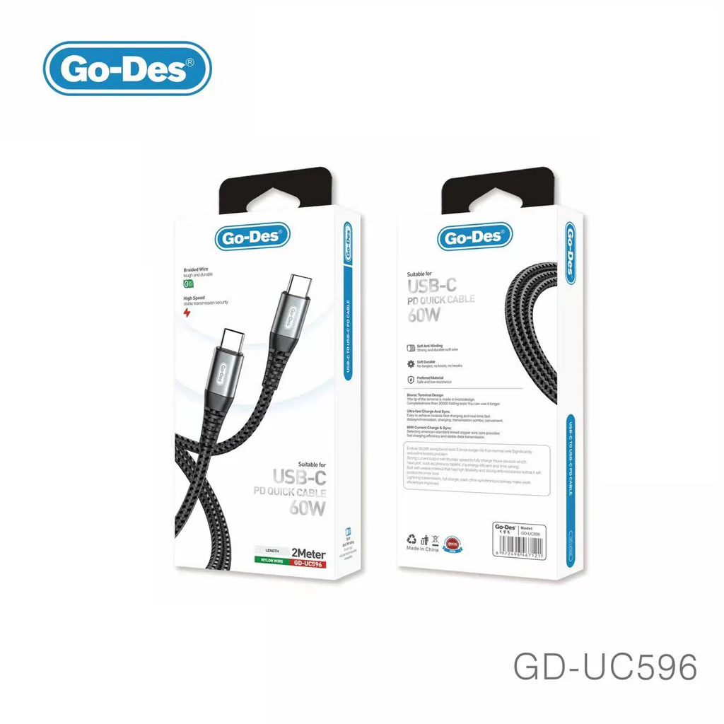 کابل شارژ سریع Type-C به Type-C Go-Des GD-UC596 | کابل PD 60W با طول 2 متر برای لپ‌تاپ، تبلت و موبایل — تصویر ۴